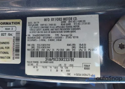2019 Ford Fusion Sel from USA, damaged, VIN 3FA6P0CD2KR233780